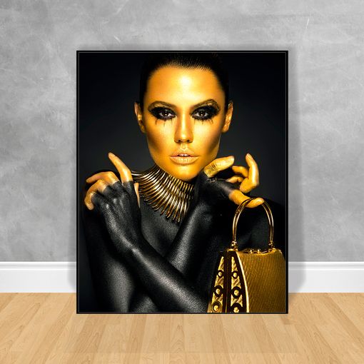 Quadro-Decorativo-Black-Woman-Bolsa-Dourada