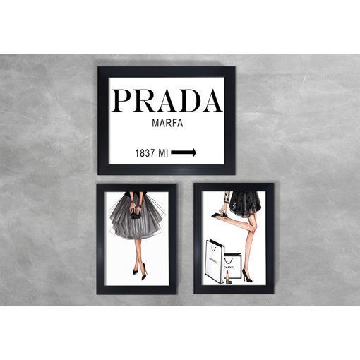 Kit-de-3-Quadros-Moda-Girls-Prada-Preta